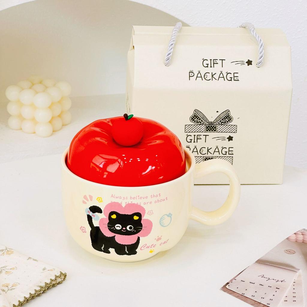 Apple Cat Red Souvenir Set Cartoon Cute Festive Ceramic Cup with Lid Spoon Mug Personalized Hand Cup