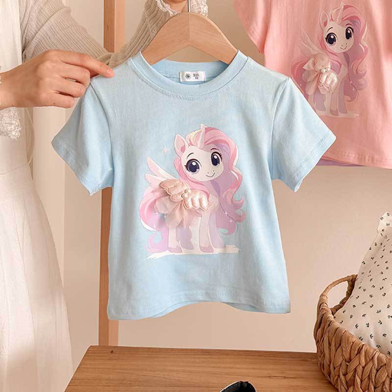 Girls Casual Cotton Short-sleeved T-shirt, Summer Children s Cute Little Horse Printed T-shirt 100cm