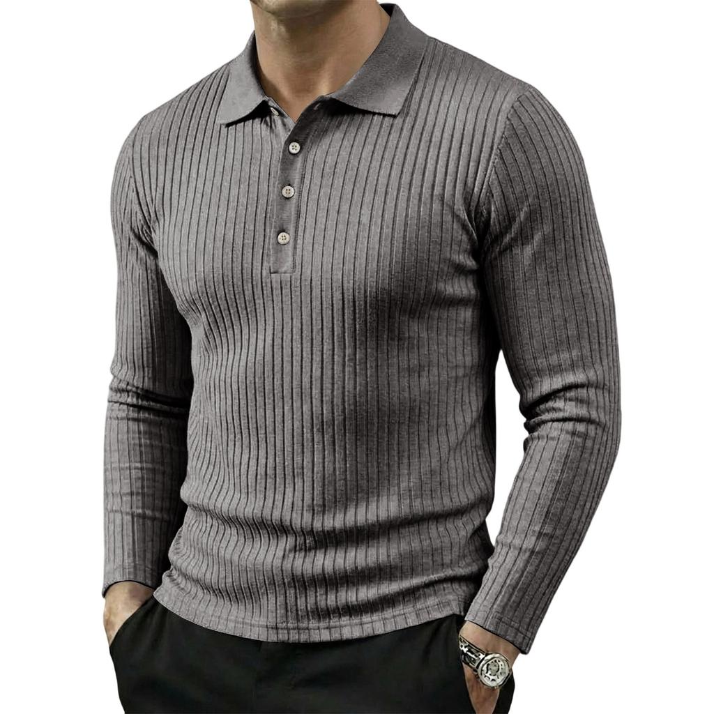 Men's Long Sleeve Polo Shirt Ribbed Texture Casual Lightweight Breathable Sport Top with Button Placket Classic Collar for Spring Autumn