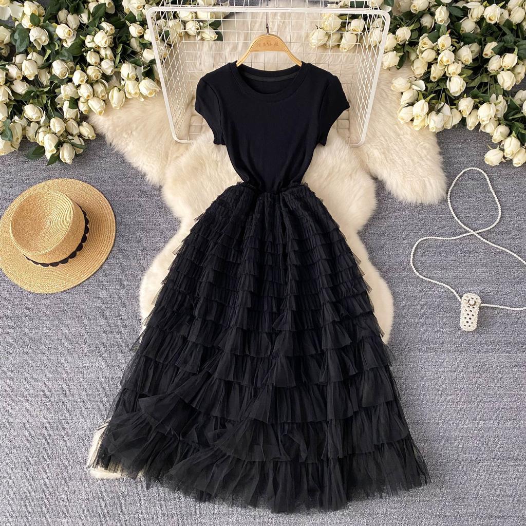 European and American style light luxury high-end dress women's summer mesh stitching design sense waist thin super fairy dress
