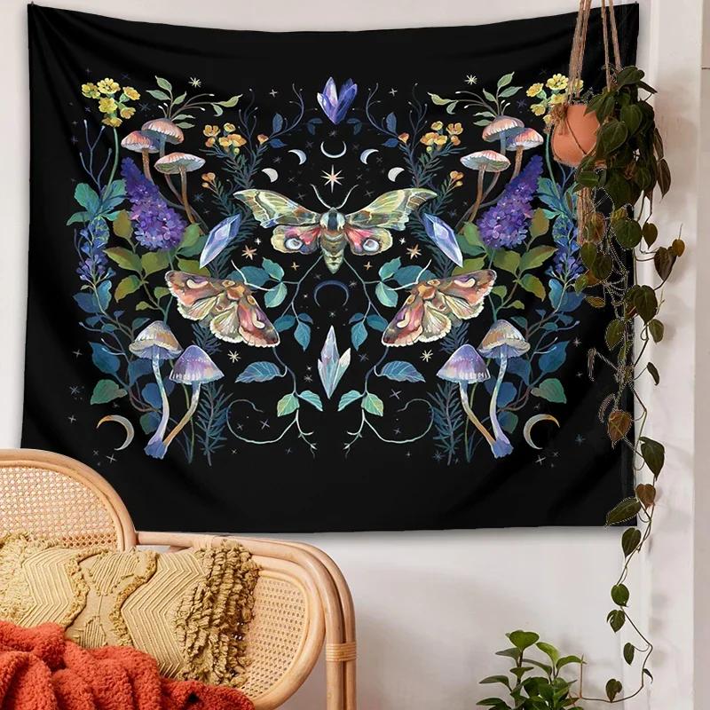 Crystal Moth Mushroom Tapestry Wall Hanging Botanical Celestial Floral Divination Wall Carpets Dorm Decor Starry Sky Carpet 100X70CM