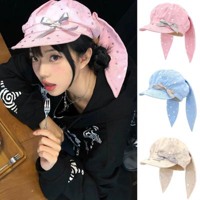Cotton Silver Star Bowknot Cap Y2K Bunny Ears Berets Cap Versatile Detachable Rabbit Ears Hat  Girl