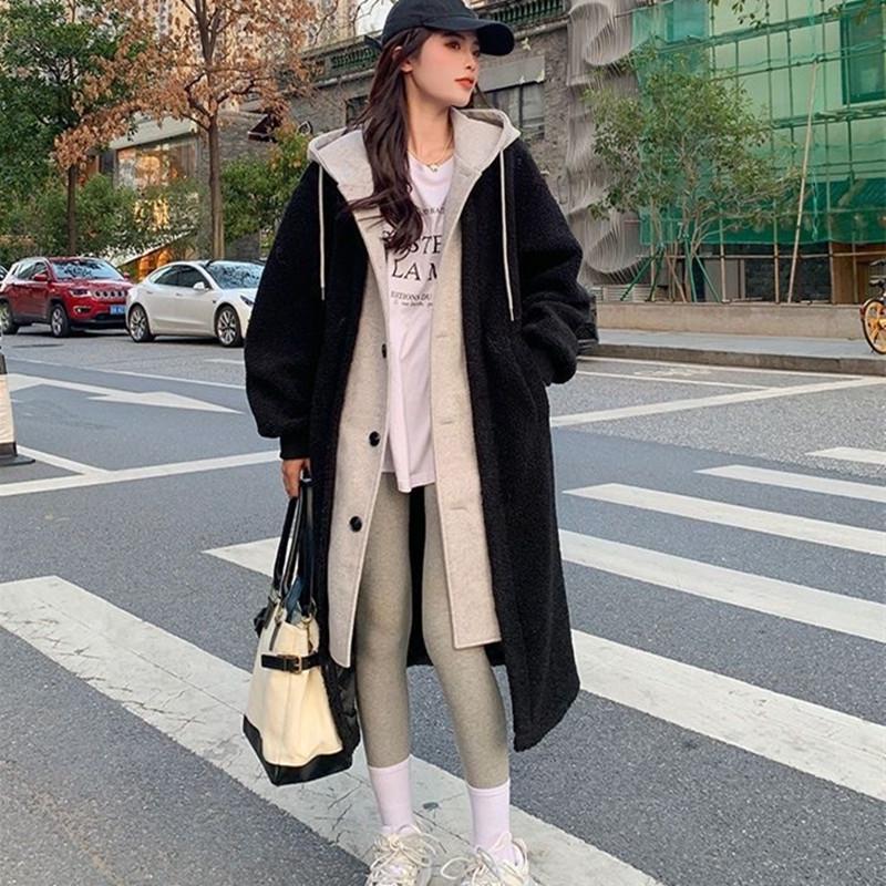 

Длинное пальто из искусственной овчины с капюшоном для женщин - зимняя мода, однотонное, с пуговицами 2XL чёрный