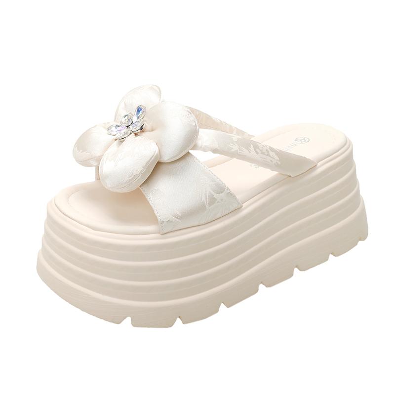 Fashion 8CM Heels Chunky Slippers For Women Open Toe High Platform Canvas Sandals Woman New Summer Thick Bottom Beach Flower Flip Flops