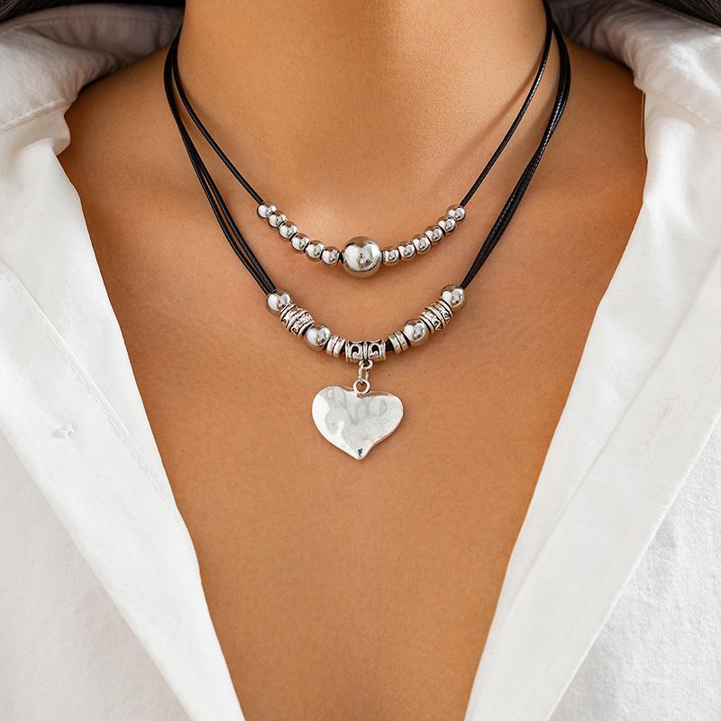 Trendy Oval Metal Necklace Bracelet Set For Women Vintage Gold Silver Color 2Pcs/Set Faux Leather Double Layered Chain Jewelry
