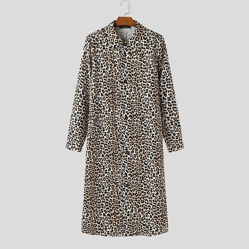 

INCERUN Men Lapel Neck Long Sleeve Button Up Leopard Casual Long Shirts Tops L коричневий