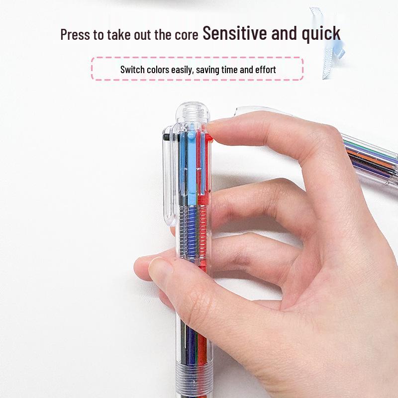 Çizim ve yazma için basmalı düğmeli, özelleştirilebilir 6 renkli şeffaf tükenmez kalem. Logo baskısı mevcuttur.