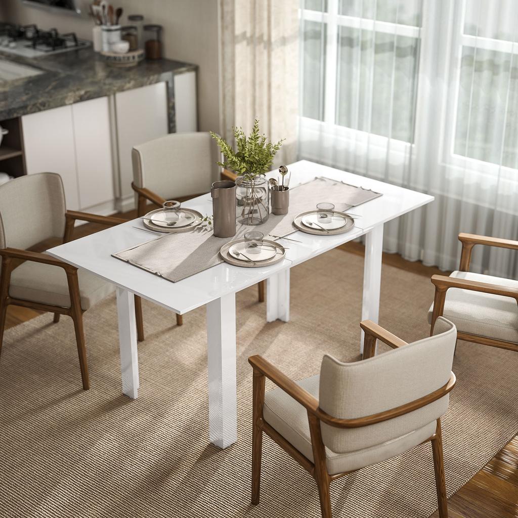 Extendable Dining Table, 120-160 x 70 cm, Adjustable Kitchen Table for 4-6 People, MDF, High-Gloss White