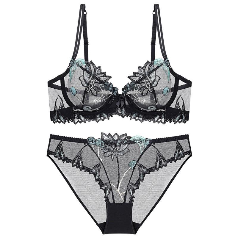 Ultra-thin Lace Bra Set Plus Size Women Cherry Embroidery Sheer Mesh Minimizer Bust
