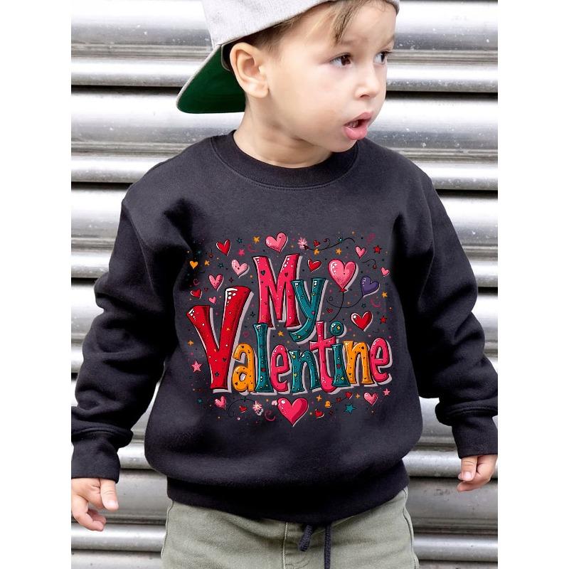 European Sizes Kids' Fashion -Lined Round Neck Sweatshirt with "MY VALENTINE" Lettering, Heart-Shaped Balloon Cartoon Print