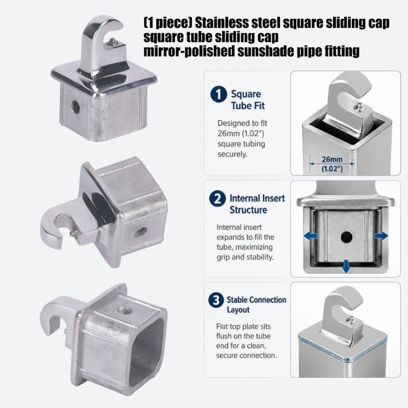 Internal Eye End Bimini Top Fitting Square Tube Awning Hardware Fitting in Polished Stainless Steel, Slide Cap Insert Part for Shade Frame Repair and