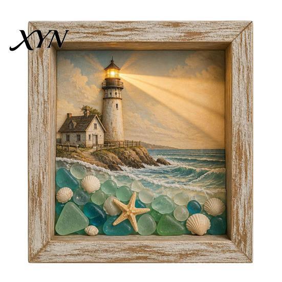 Table Centerpiece Light Sea Glass Art Painting with LED Light, DIY Mosaic Arts and Craft Kit, Eye-catching Home Decor Ocean Themed Beach Kit