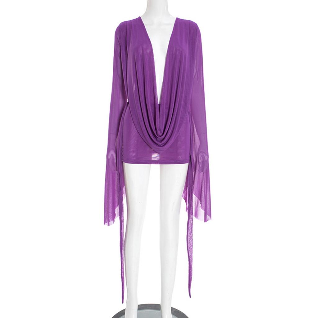 New Women's Mesh Cowl Neck Backless A-line Swing Long Sleeve Dress, European American Casual Party Dress