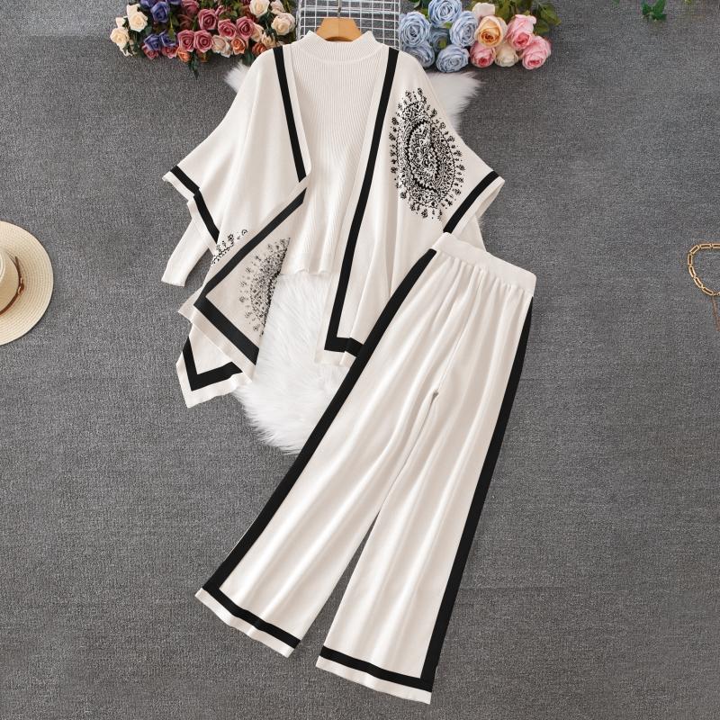 

Осенне-зимний вязаный свитер с принтом, брюки, комплект из 3 предметов, женские шали, накидка и свитера с длинными рукавами, широкие брюки, спортивный костюм One Size абрикосовый