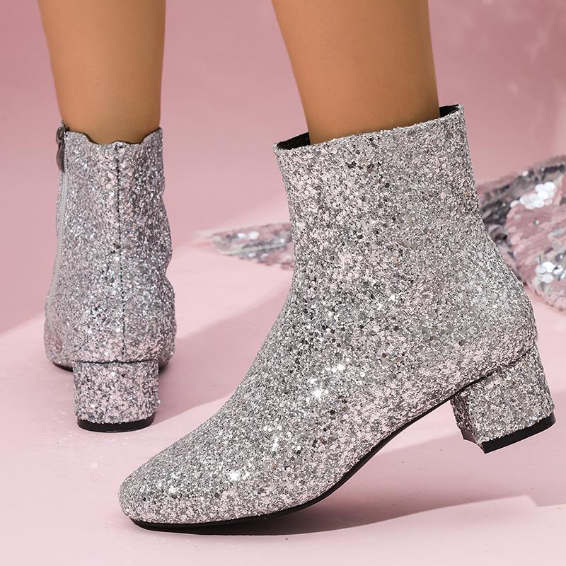 Fashion Women's Sparkling Silvers Glitter Ankle Boots Fashion Chunky Mid Heel Zipper Short Boots Women Round Toe Plus Size Botas Mujer