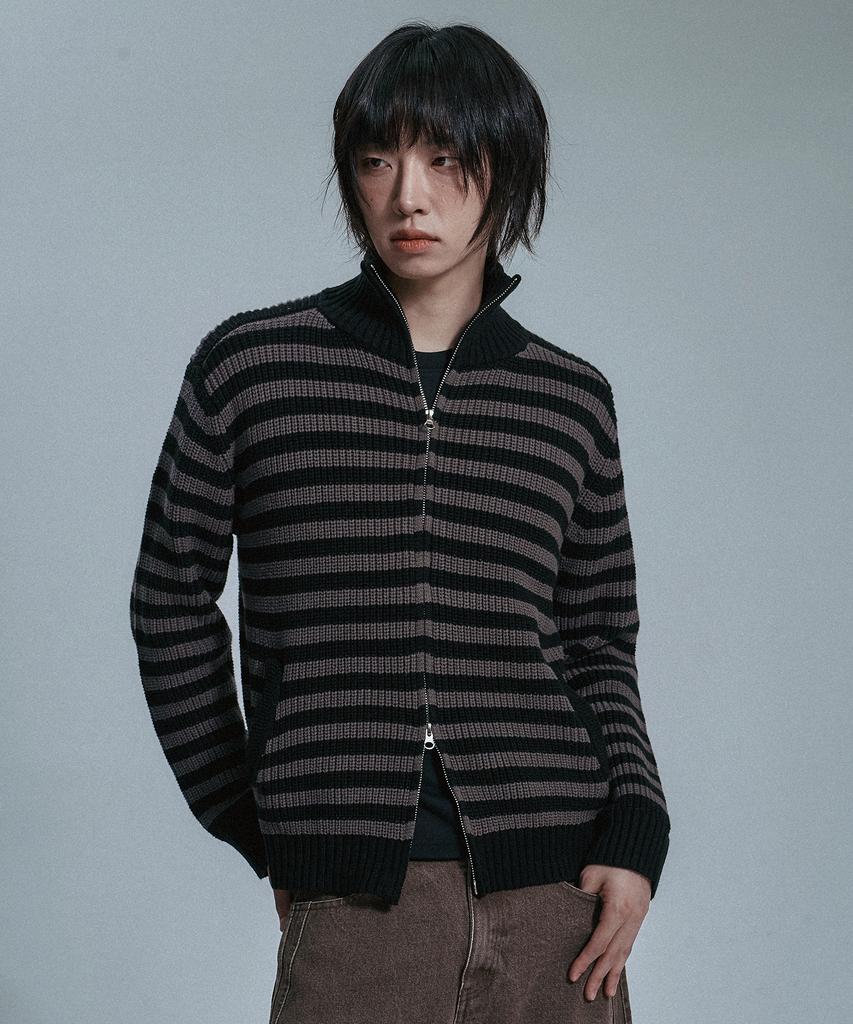 MOO Striped High-Neck Knit Zip-Up - Black