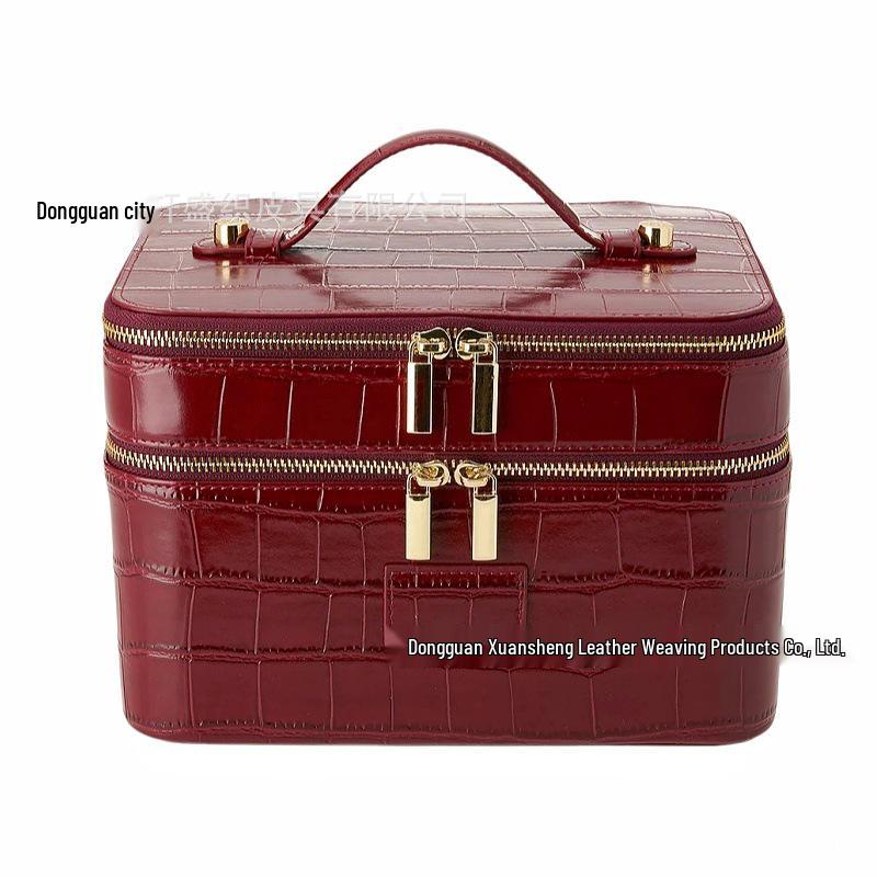 Crocodile Pattern Double Layer PU Leather Makeup Bag - Large Capacity Cosmetic Organizer