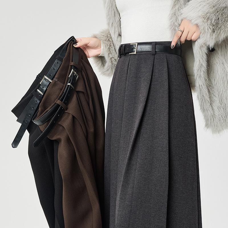 Autumn/Winter 2025 High-Waist Pleated A-Line Skirt - Slimming Woolen Mid-Length for Women