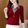 Western Style T-shirt Ladies Fake Two-piece Blouse Long-sleeved Mother Autumn T-shirt Small Shirt Large Size Bottoming Shirt
