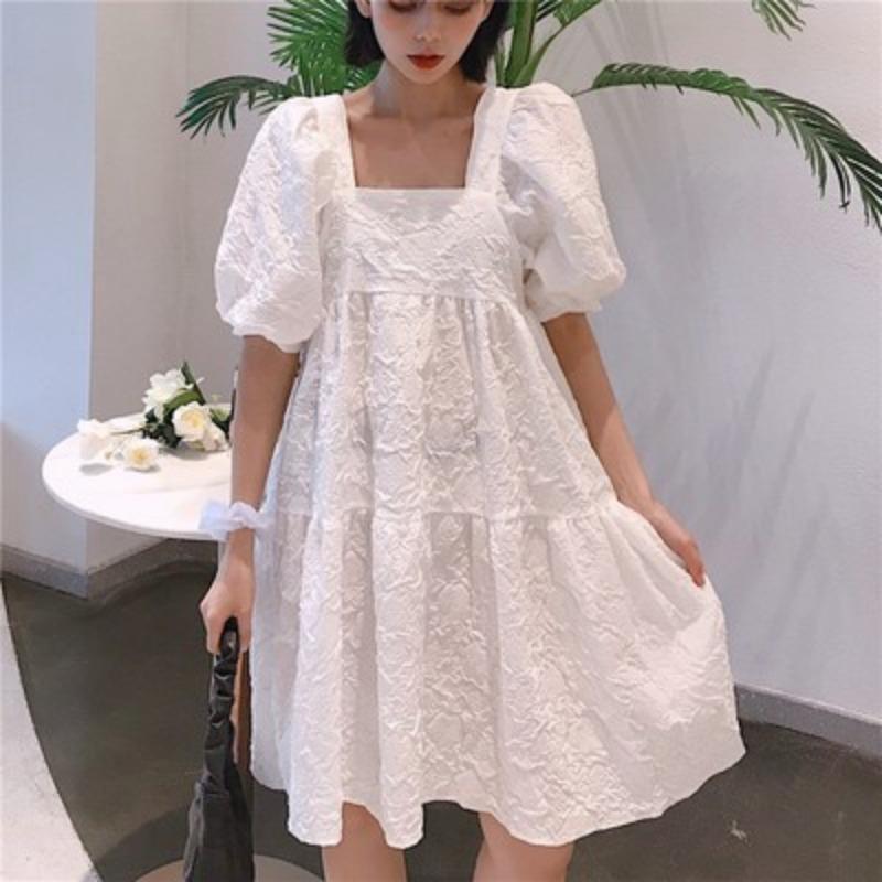 Pregnant Women Spring and Summer Sweet Square Neck Bubble Sleeves High Waist Thin Loose Girlfriends Dress