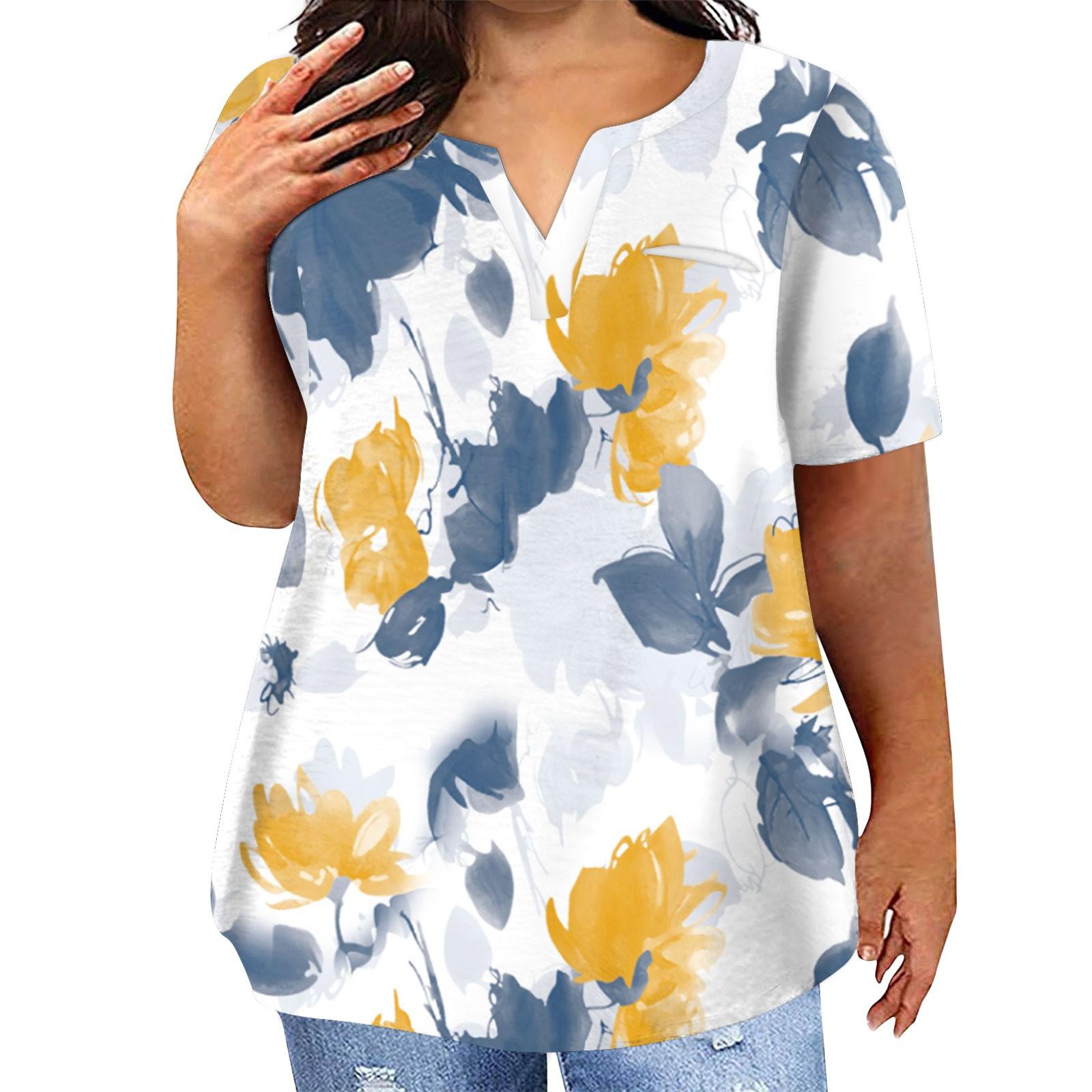 

Модная женская повседневная футболка больших размеров с коротким рукавом и круглым вырезом в стиле ретро с цветочным принтом и карманами XXXXXL жёлтый