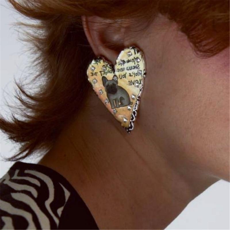 Asymmetrical Animal Doodles Earrings Heart Shape Ear Studs with Cats Dog Patterns Alloy Texture Suitable for Fashion Women