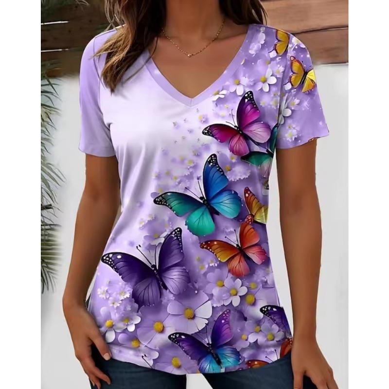 Summer Outdoor Casual Short Sleeve Tops Retro Street Flower 3D Print OverSize Women's Clothing Harajuku Wind Ladies V-neck T-shirt