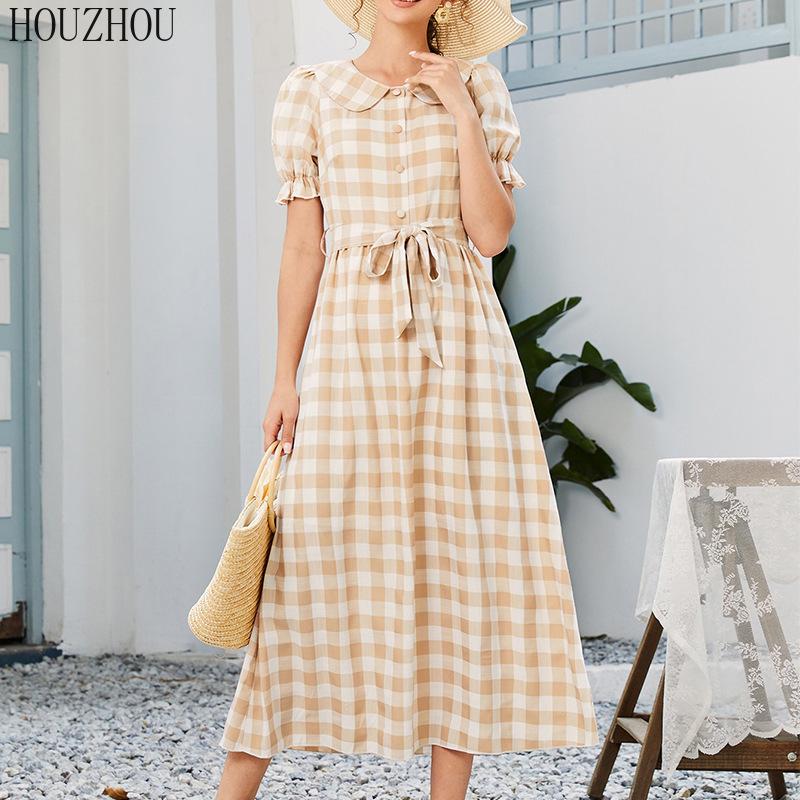 

HOUZHOU Клетчатая рубашка Платье Женщины Летняя кукла Воротник Пышные рукава Винтаж Элегантный Шик Чай брейк Фея Миди Платье