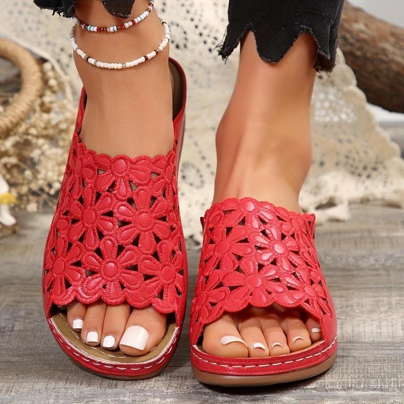 Ladies, Floral Design, Comfortable Sandals, Hollow, Thick Soled, Walking Shoes, Wedge Heel Slippers