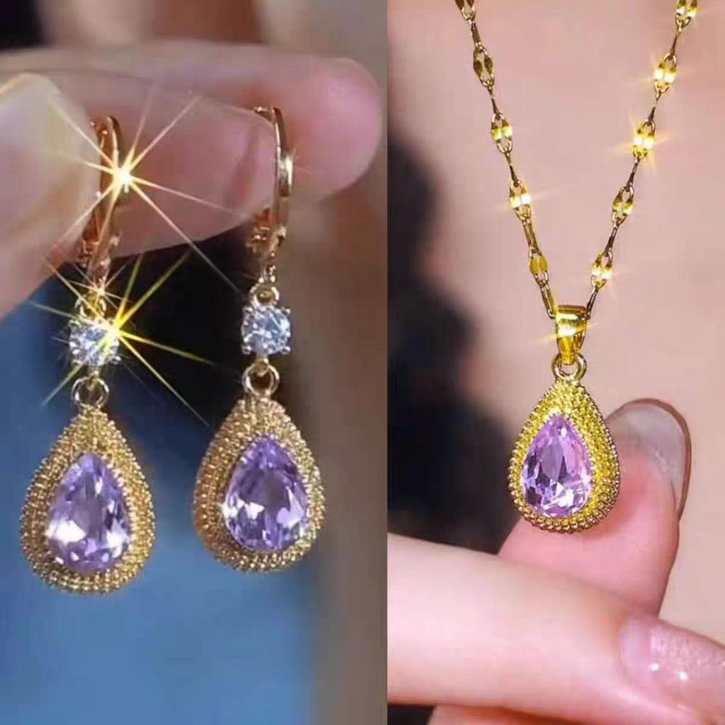 Purple Zircon Water Drop Necklace Women'S Light Luxury High-End Sense Versatile Durian Pendant Summer Collarbone Chain