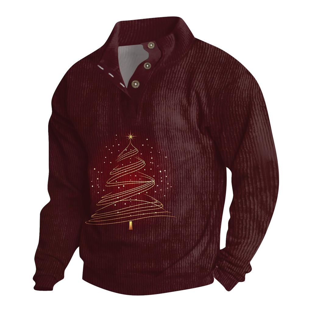 Men's Christmas Cotton Pullover Long Sleeve Outdoor Shirt Vintage Corduroy Button Stand Collar Shirt Casual Sweatshirt Christmas Print Top