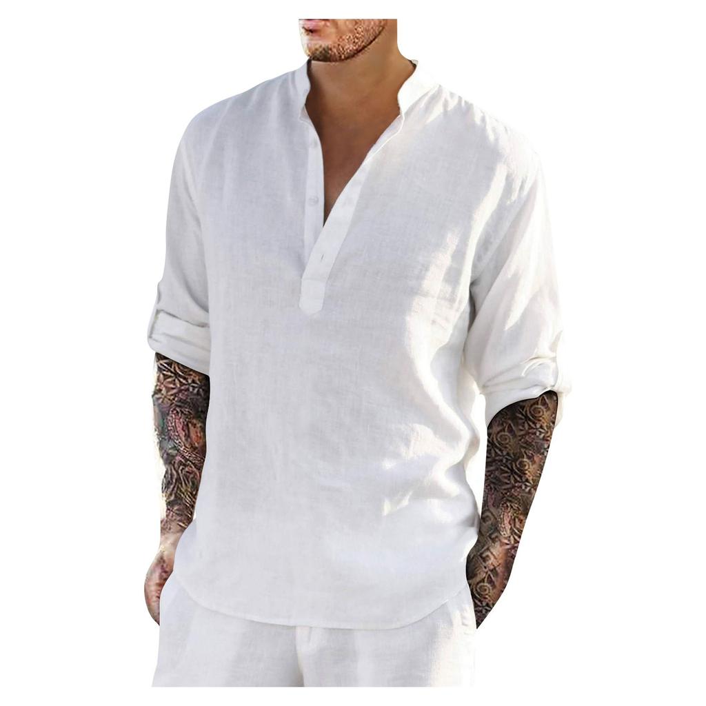 Designer Spring Summer Men's Casual Cotton Linen Solid Color Long Sleeve Shirts Loose Stand Collar Shirts