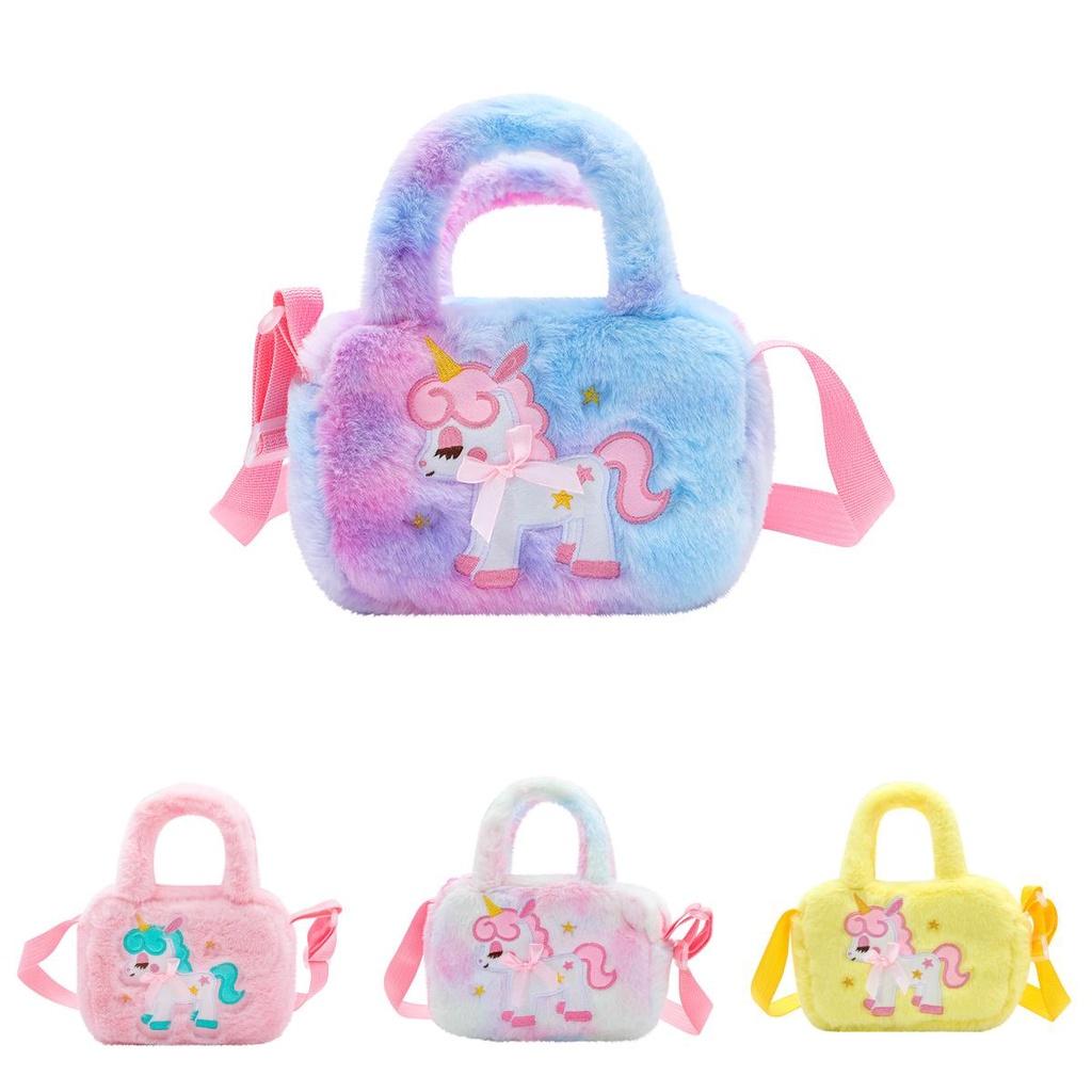 Cute Plush Unicorn Shoulder Bag For Kids Cartoon Design Soft And Fluffy Perfect For Kindergarten And Daily Use Purple