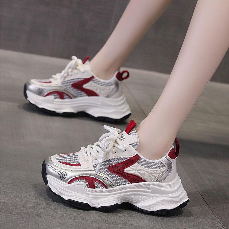 Fried Street Platform Dad Shoes Women's Height Increase Versatile Casual Shoes New Spring and Autumn Breathable Silver Sneakers