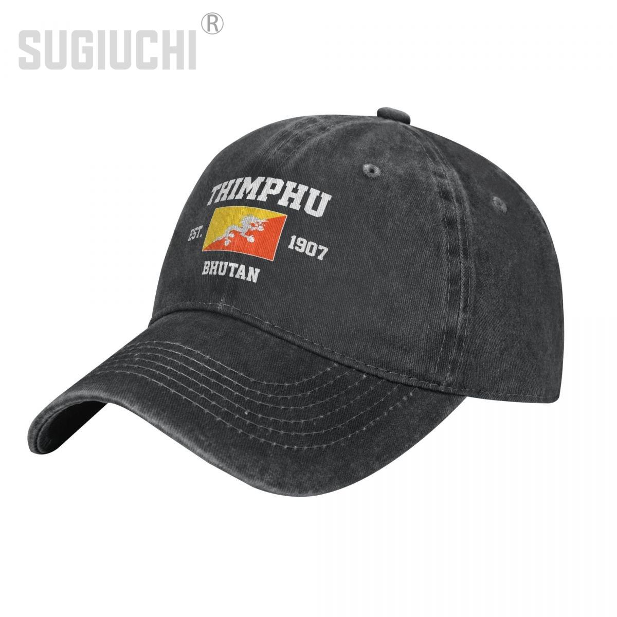 

Flag of Bhutan EST.1907 Thimphu Unisex Adult Charcoal Washed Denim Baseball Cap Unisex Vintage Cotton Dad Patriotic Trucker Hat