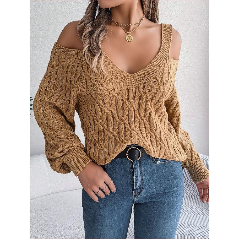Women's Sweatshirt - Versatile Casual Solid Colour Cable-Knit Off-the-Shoulder Bell-Sleeve Knitwear