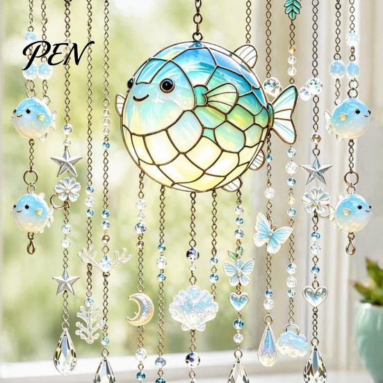 Campanelle a Vento Tema Oceano Campanella di Cristallo a Tema Oceano, Medusa in Vetro Colorato Cavalluccio Marino Pesce Palla Suncatcher Appeso Decorazione Solare con