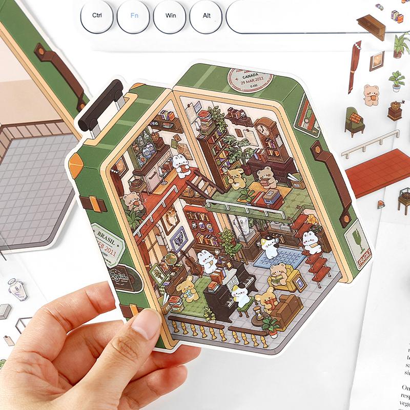 1Set Cartoon Miniature Scenes Landscape Stickers Creative 2.5D Cabin Scene DIY Decorative Stickers Festival Birthday Gifts