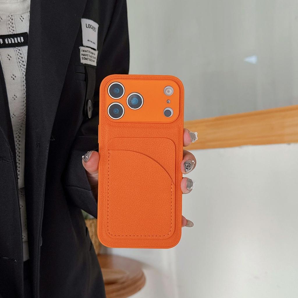 Orange Color Card Holder Leather Case For iPhone 17 Air 16 E 15 14 13 12 Mini 11 Pro X XR XS Max 7 8 Plus SE Wallet Pocket Cover