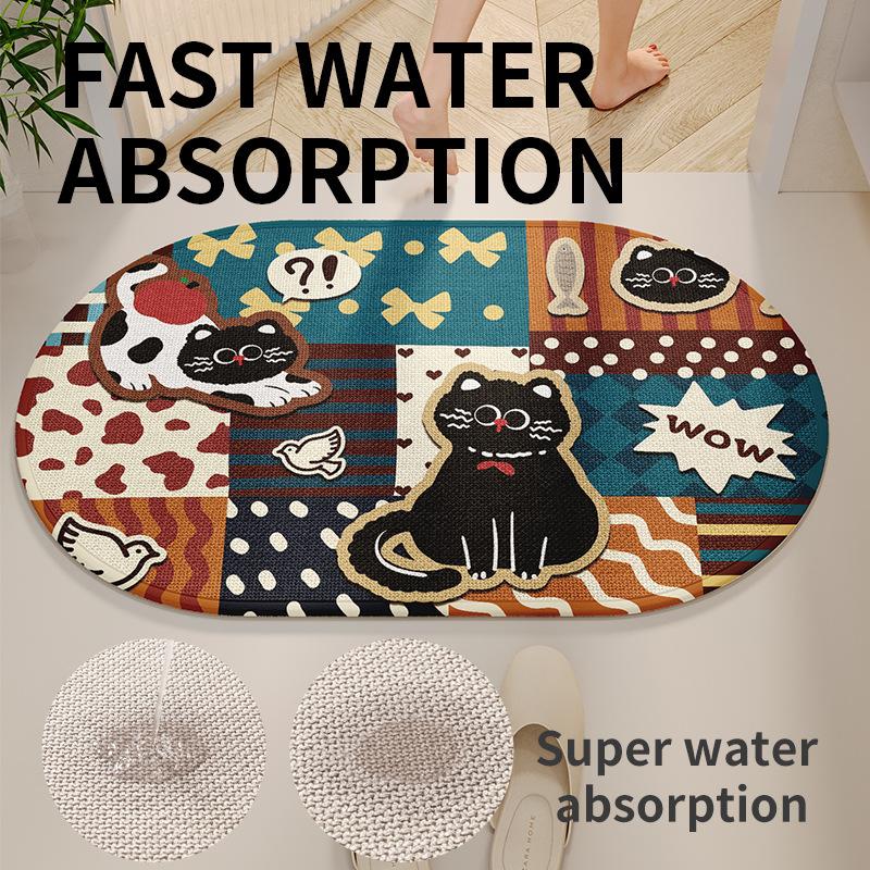 Cartoon Bathroom Floor Mat, Bathroom Sari Hemp Foot Pad, Toilet Door Non-Slip Absorbent Pad, Quick-Drying Carpet