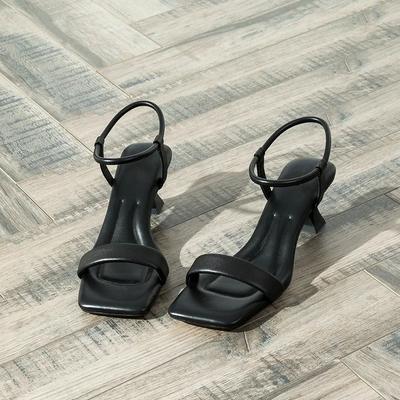 2024 New Black Ankle-Strap Buckle Sandals Summer Letter Rhinestone Square Toe Ladies Stiletto Heel High Heel Shoes