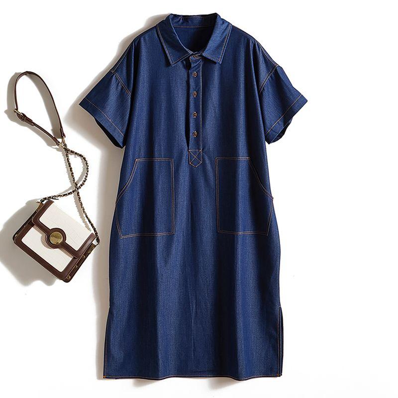 

Heavy Luxury European Goods Inclusive Bright Line Craft Skirt! Shoulder Sleeve Lapel Single Breasted Women s Belly Hiding over the Knee Dress Blue 3XL