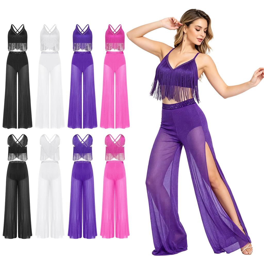 S-XXL Women Lyrical Dance Crop Top V Neck Sleeveless Back Crossing Fringe with Mesh Wide Leg Pants Built-in Briefs for Modern Dance Performance