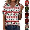 Women's Casual Christmas Print V-Neck Short Sleeve Button Front T-Shirt Top