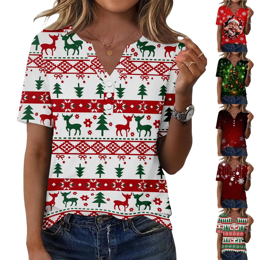 Women's Casual Christmas Print V-Neck Short Sleeve Button Front T-Shirt Top