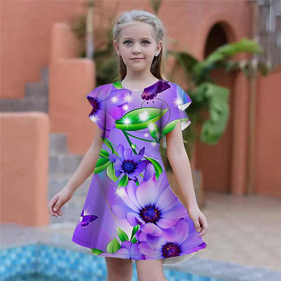 Girls Sparkling Flowers Print Dresses Kids Girl Party Dress Loose Fitting Loose Fitting Short Sleeved Skirt For Girls Over Four Years Old