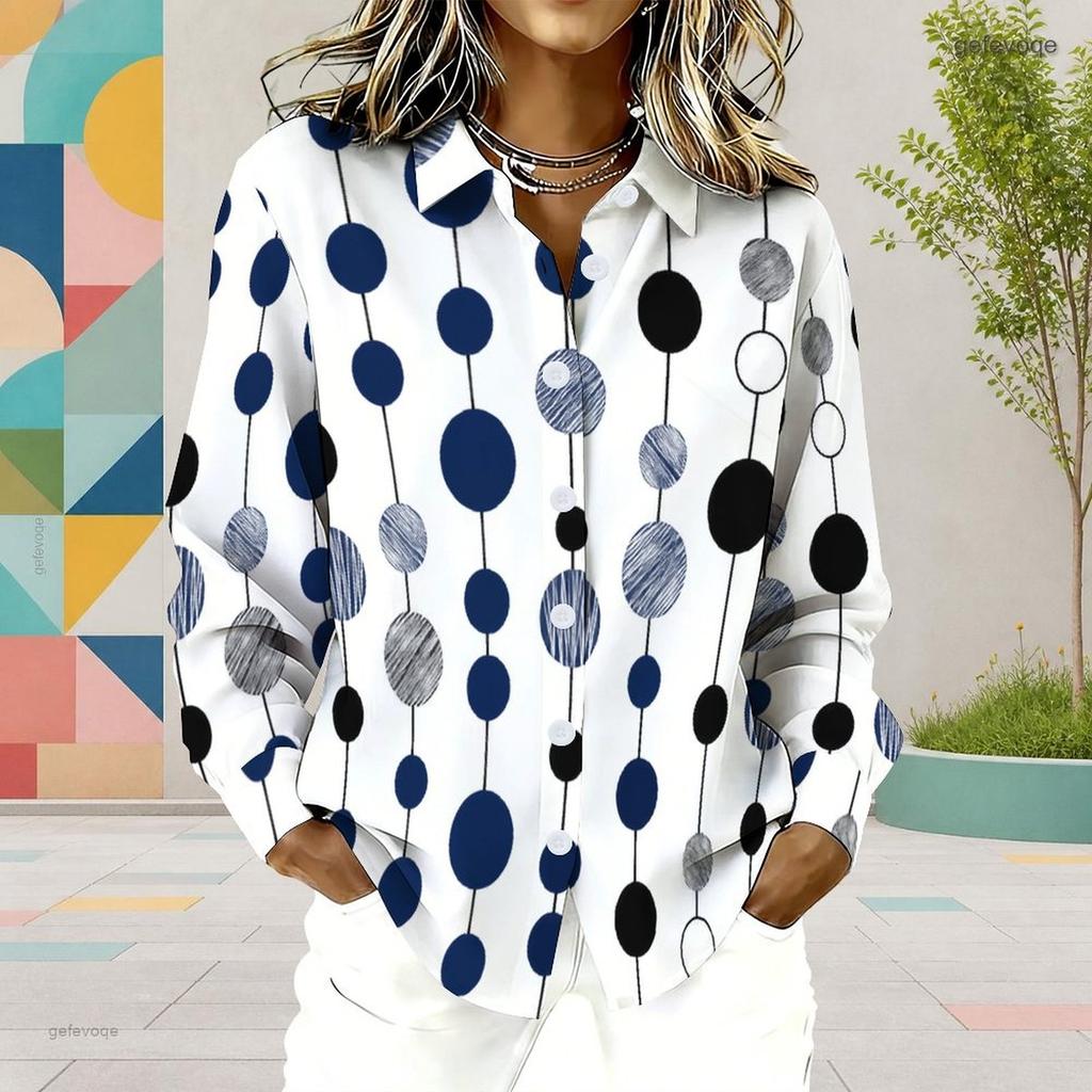 Women Plus Size Multicolor Geometric Printed Collared Long Sleeve Button Front Curved Hem Shirt