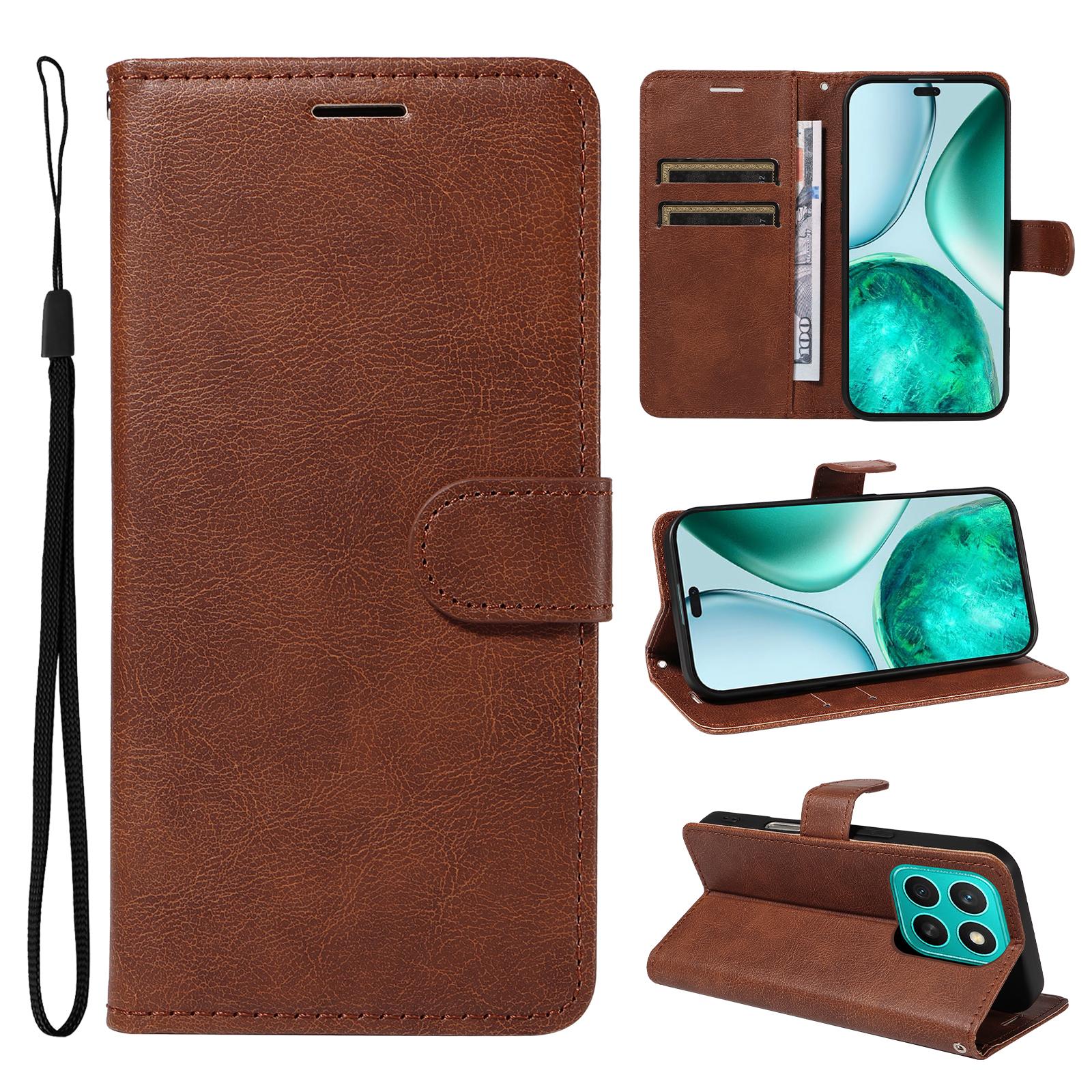 

For Honor X8c 4G Leather Wallet Case with Strap Solid Color Phone Stand Cover Brown