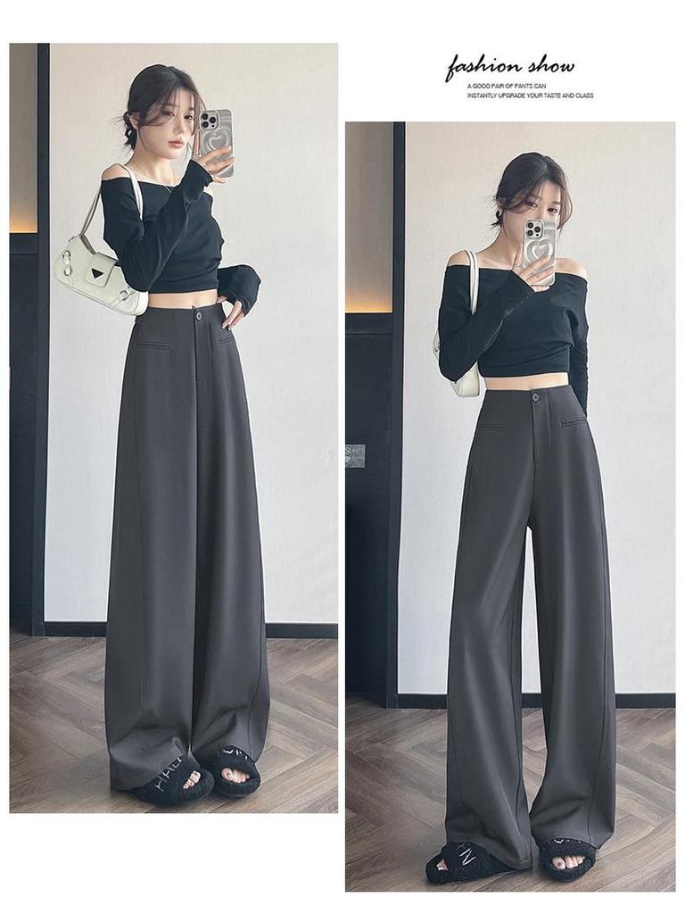 2026 Spring Women's Deep Gray High-Waisted Wide-Leg Drape Pants: Slimming, Versatile, Floor-Length Casual Style