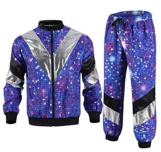 Damen Herren Kostüm 80er 90er Anzug Party Zubehör Disco Jacke Hose Outfit Damen Herren Kostüm Trainingsanzug für Karneval
